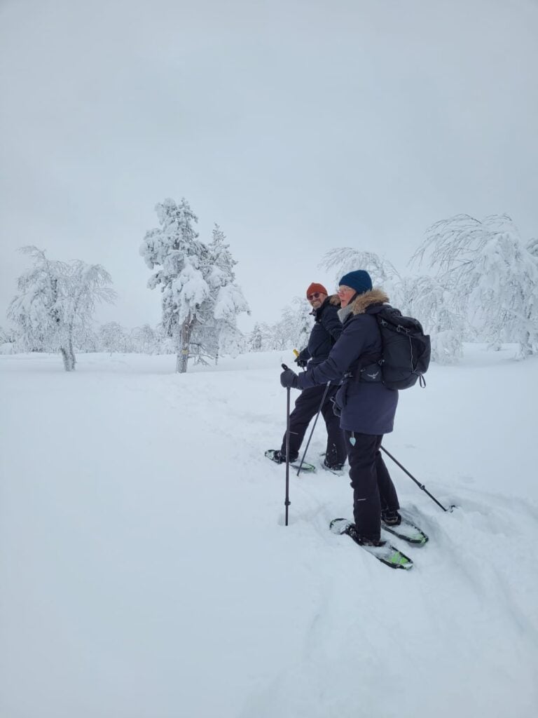 Small group snowshoeing through a snowy pine forest in Lapland.